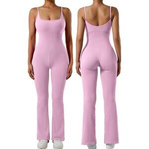 Women Ribbed Flare One Piece Jumpsuit Seamless Padded Sexy Jumpsuit Pink Medium